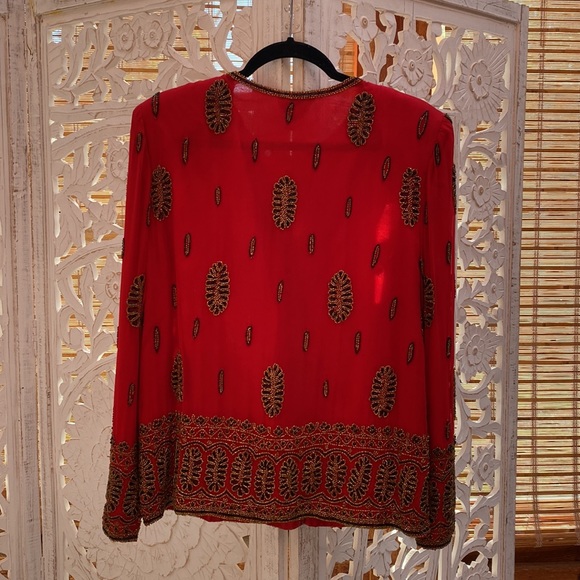 Glamorous red silk  embellished Silk women’s vintage jacket-Medium - Picture 10 of 16